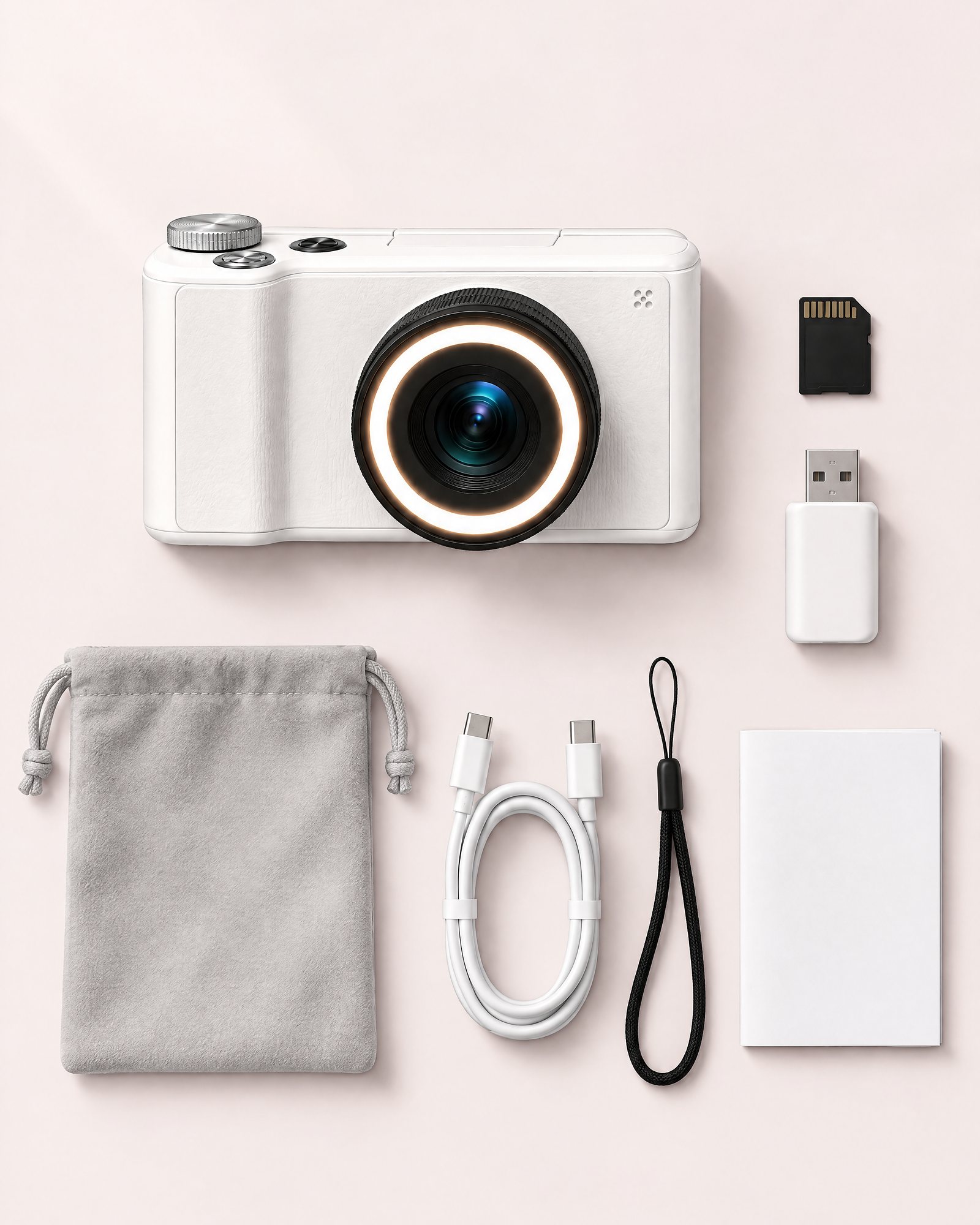 The ring light camera laid out with everything that comes in its box