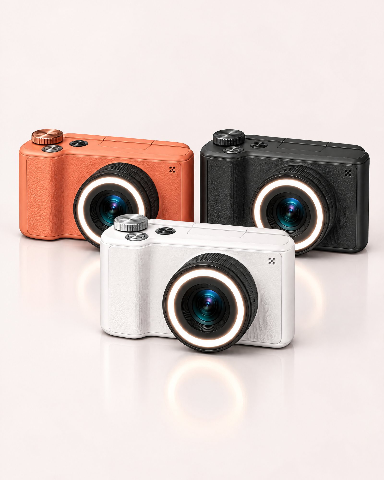 The ring light camera in pearl white, midnight black and coral orange