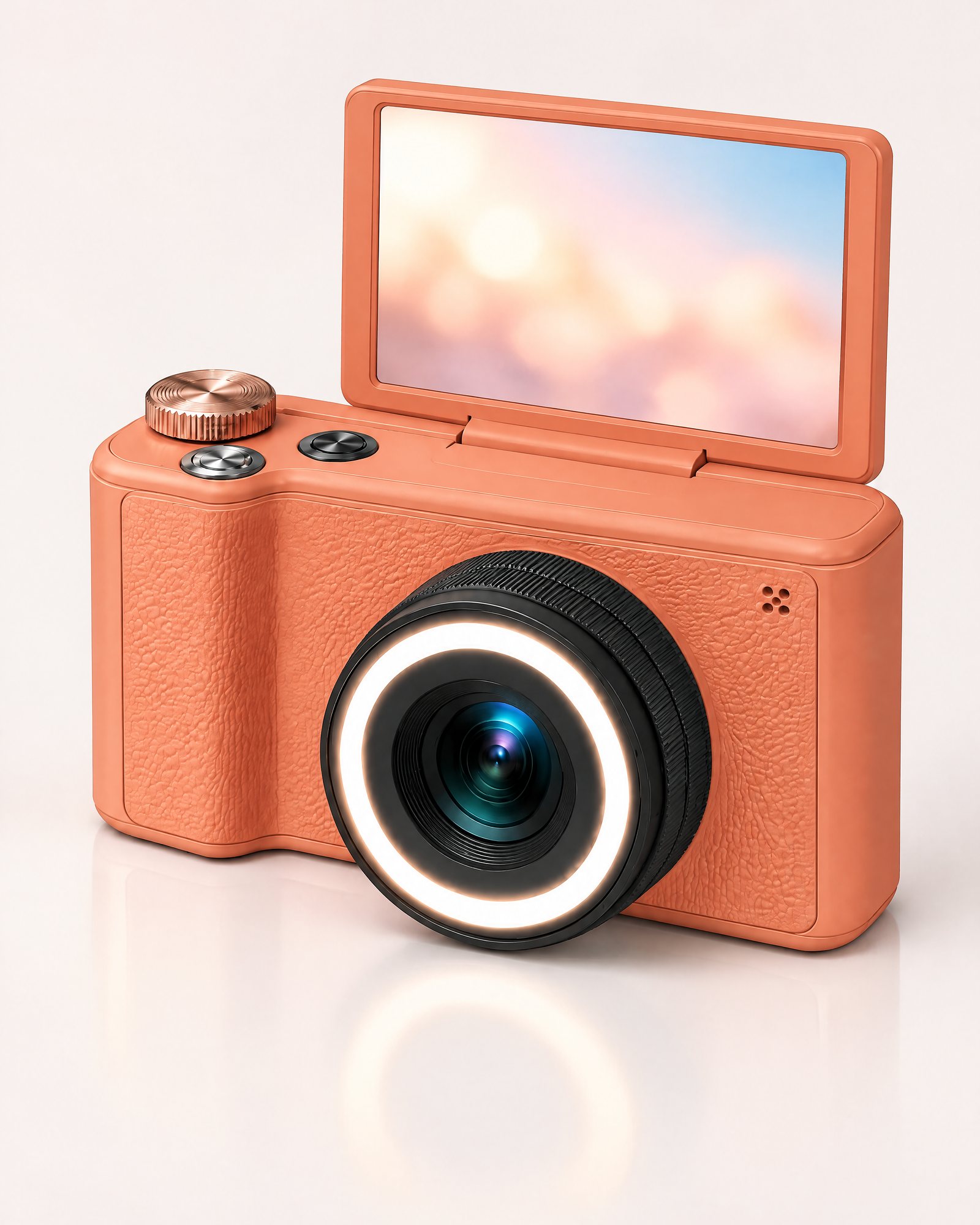 Ring Light Camera, Coral Orange from behind, the screen flipped up to face forward