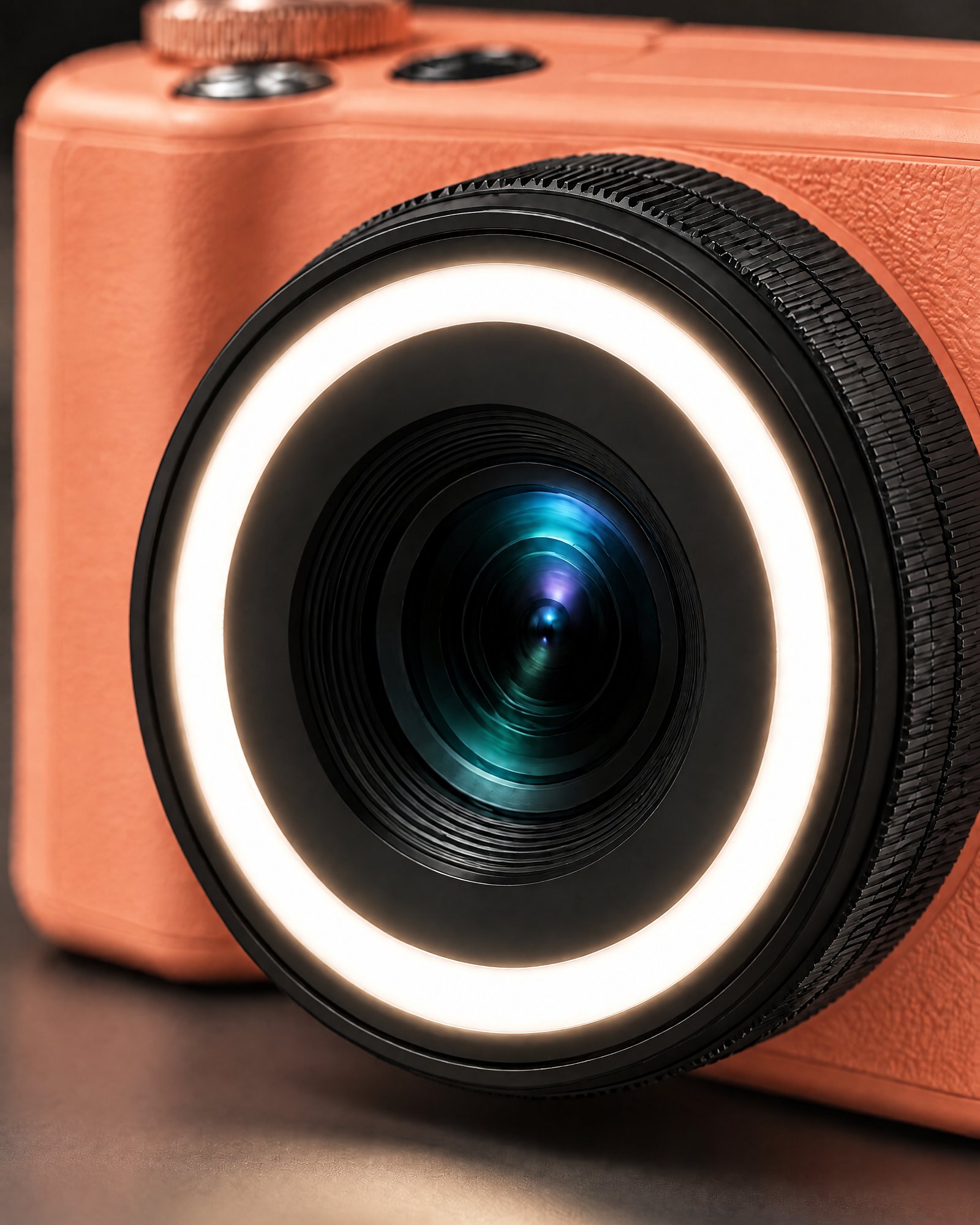 Close-up of the lens and the glowing LED ring, Ring Light Camera, Coral Orange