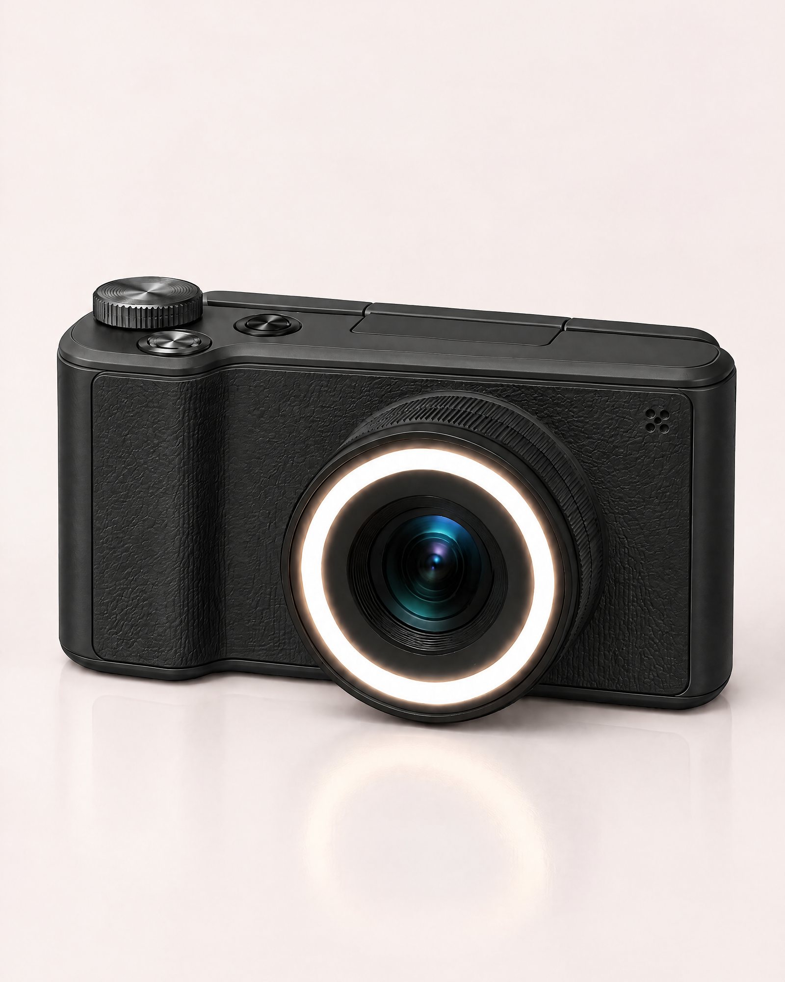 Ring Light Camera, Midnight Black, three-quarter front view with the ring light on