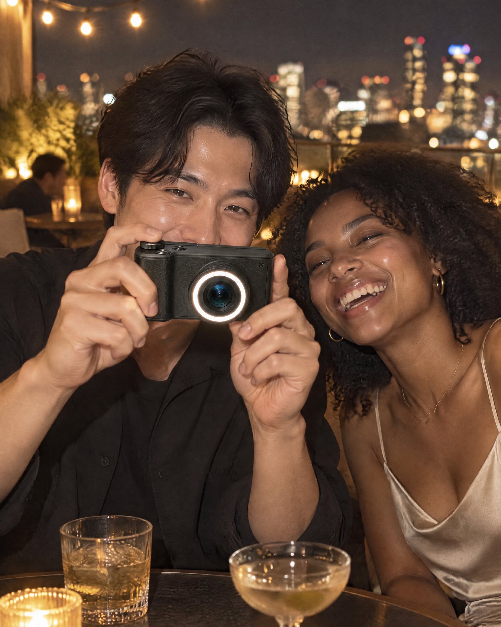 Taking a photo at night with the Ring Light Camera, Midnight Black, its ring light lighting up faces
