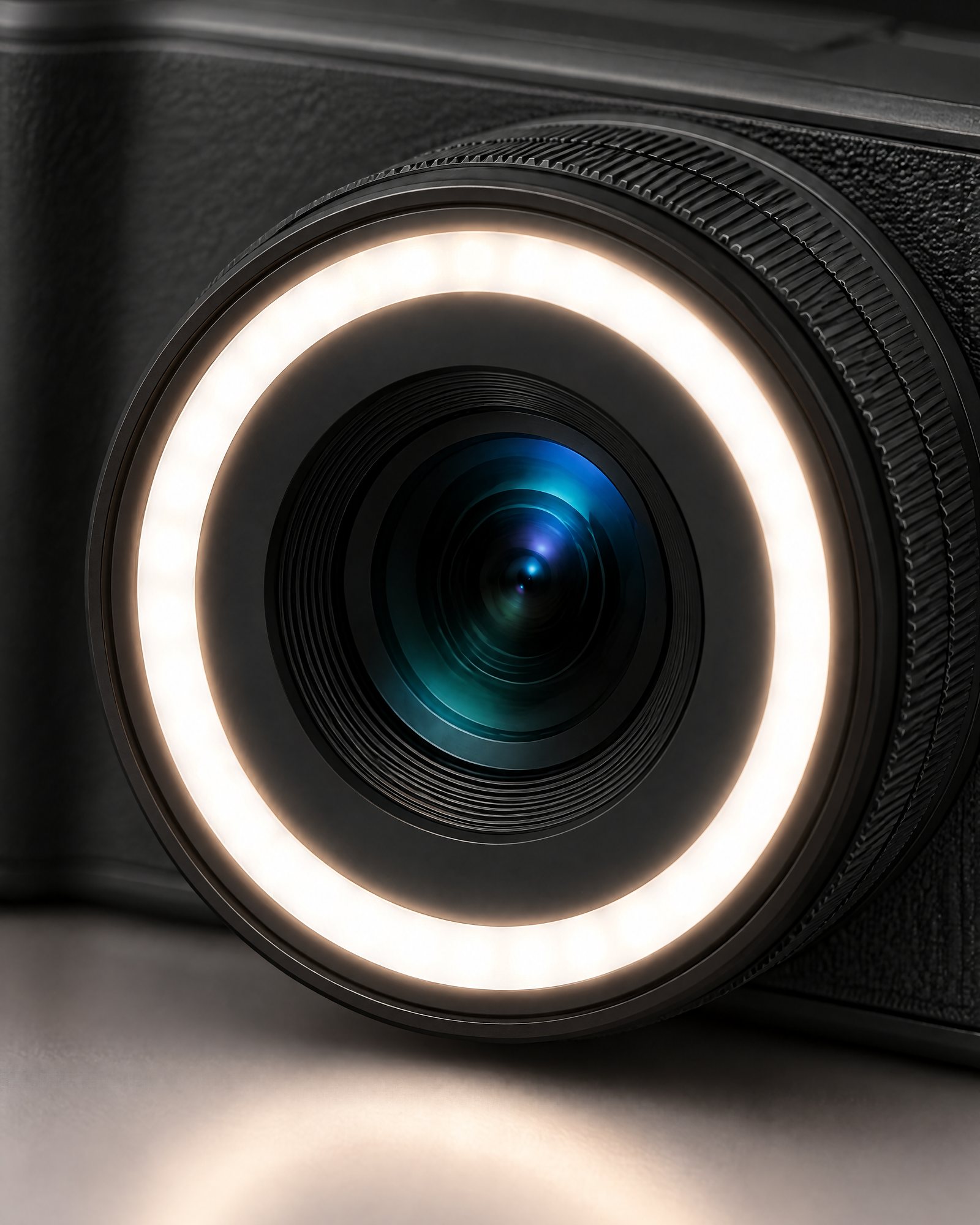 Close-up of the lens and the glowing LED ring, Ring Light Camera, Midnight Black