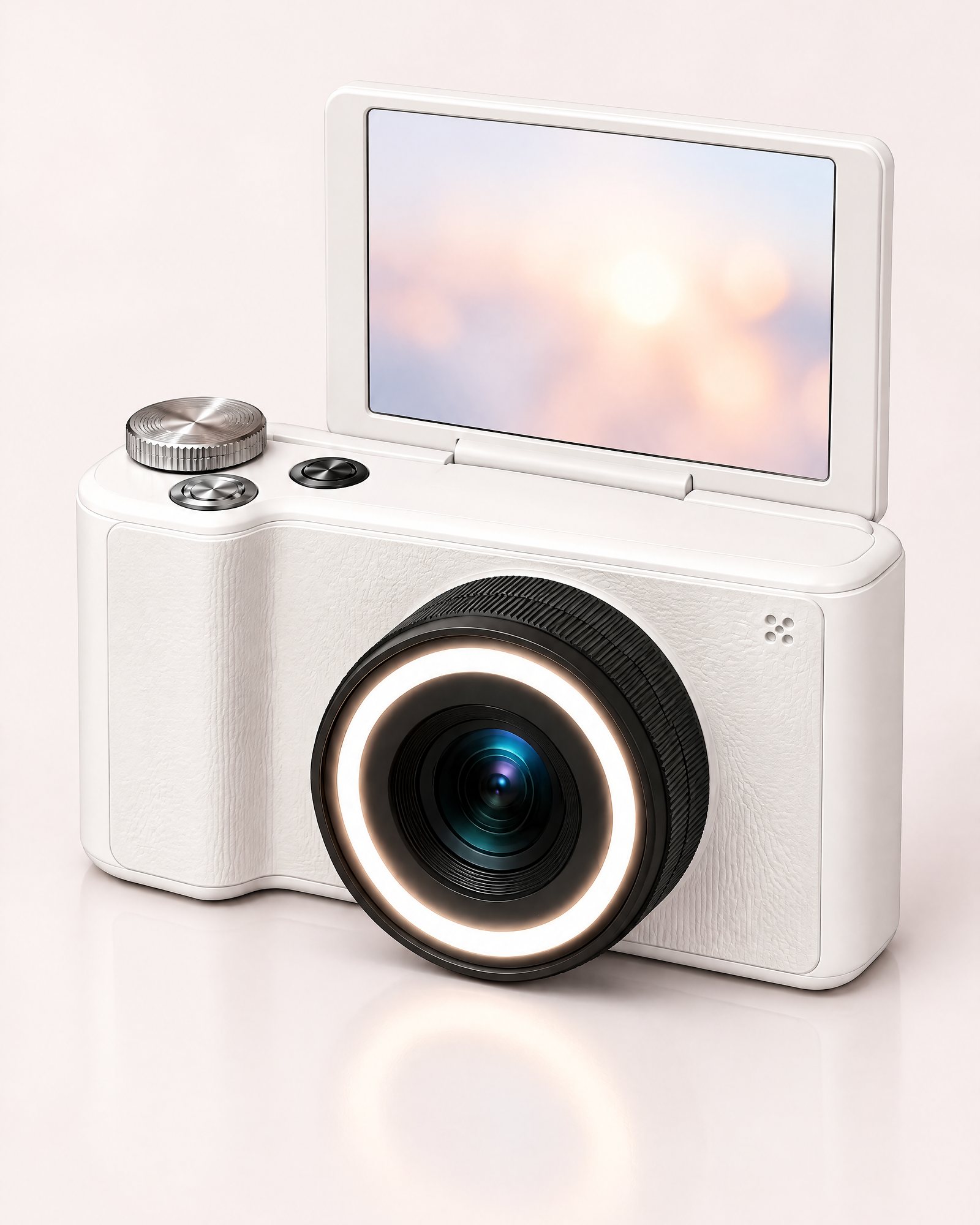 Ring Light Camera, Pearl White from behind, the screen flipped up to face forward