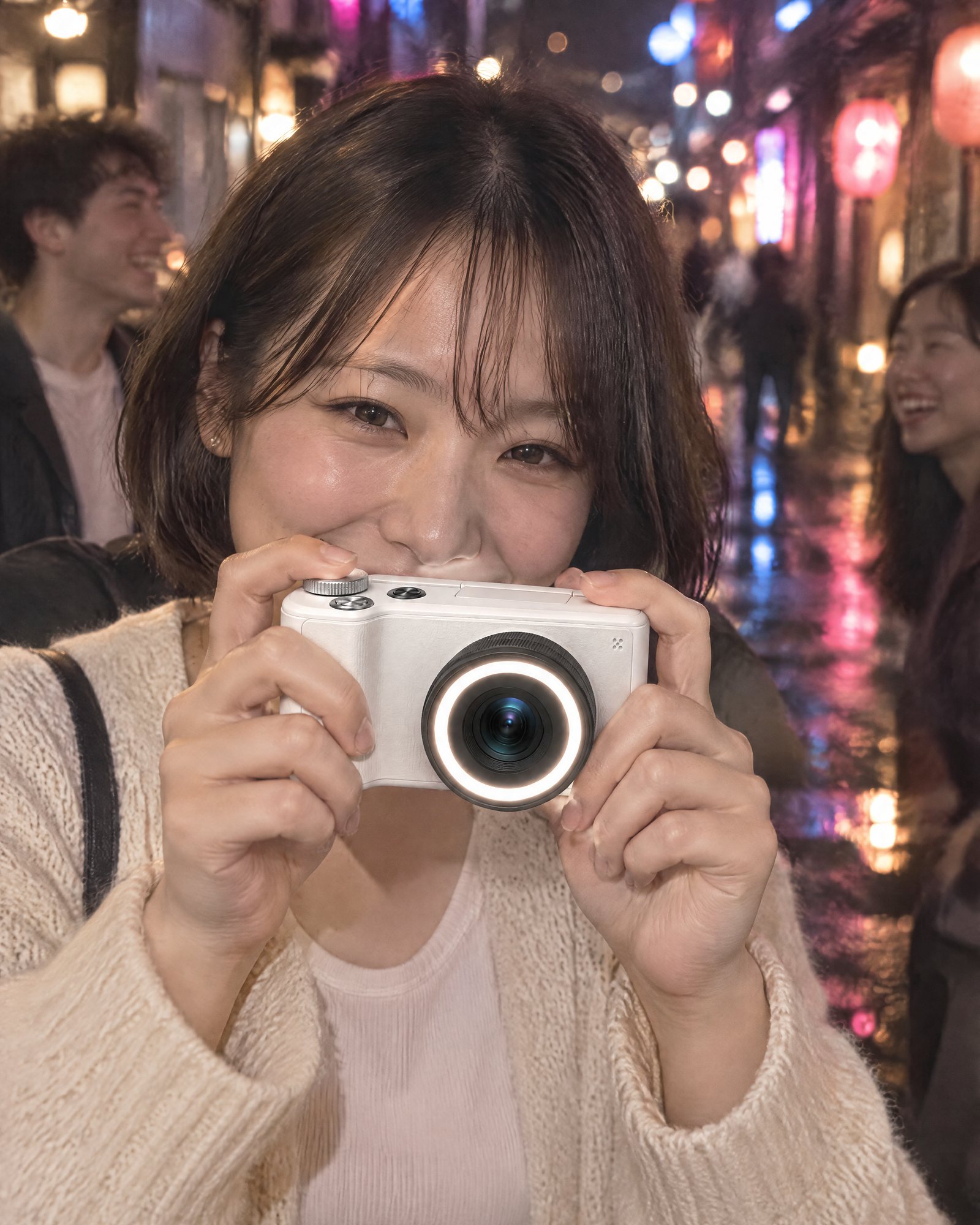 Taking a photo at night with the Ring Light Camera, Pearl White, its ring light lighting up faces
