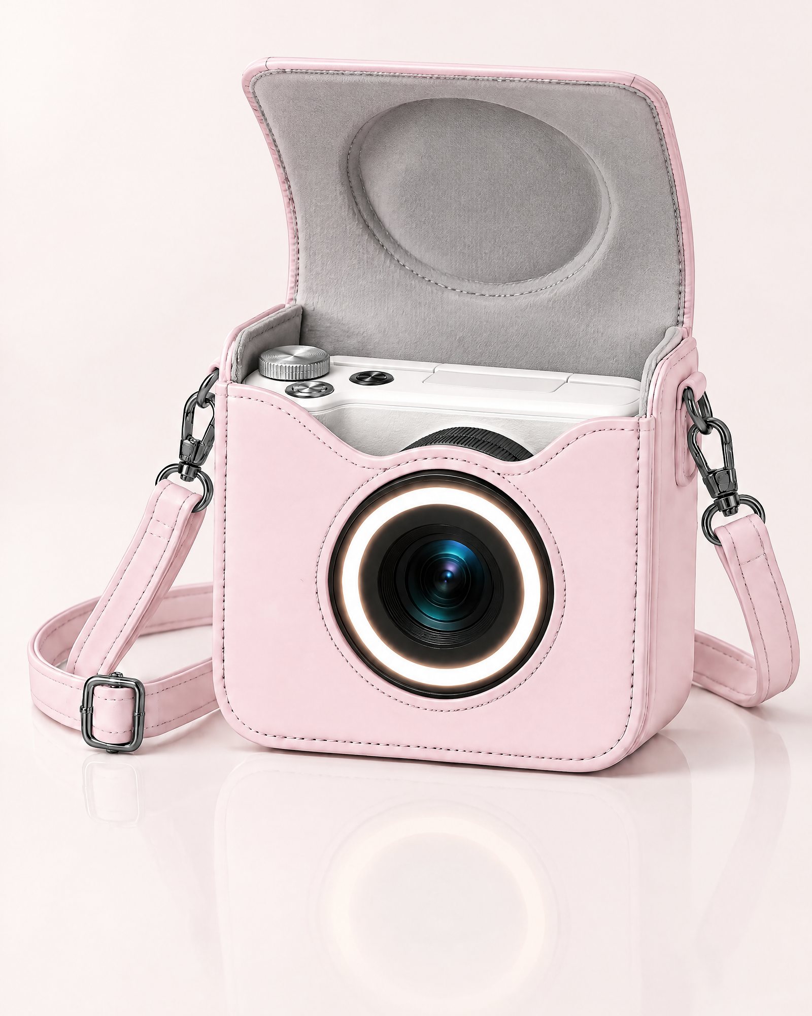 Camera Case, Blush Pink open, the pearl white camera going in
