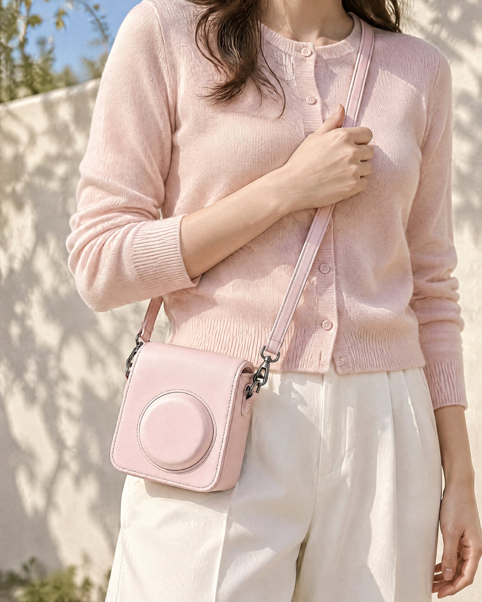 Camera Case, Blush Pink worn across the body