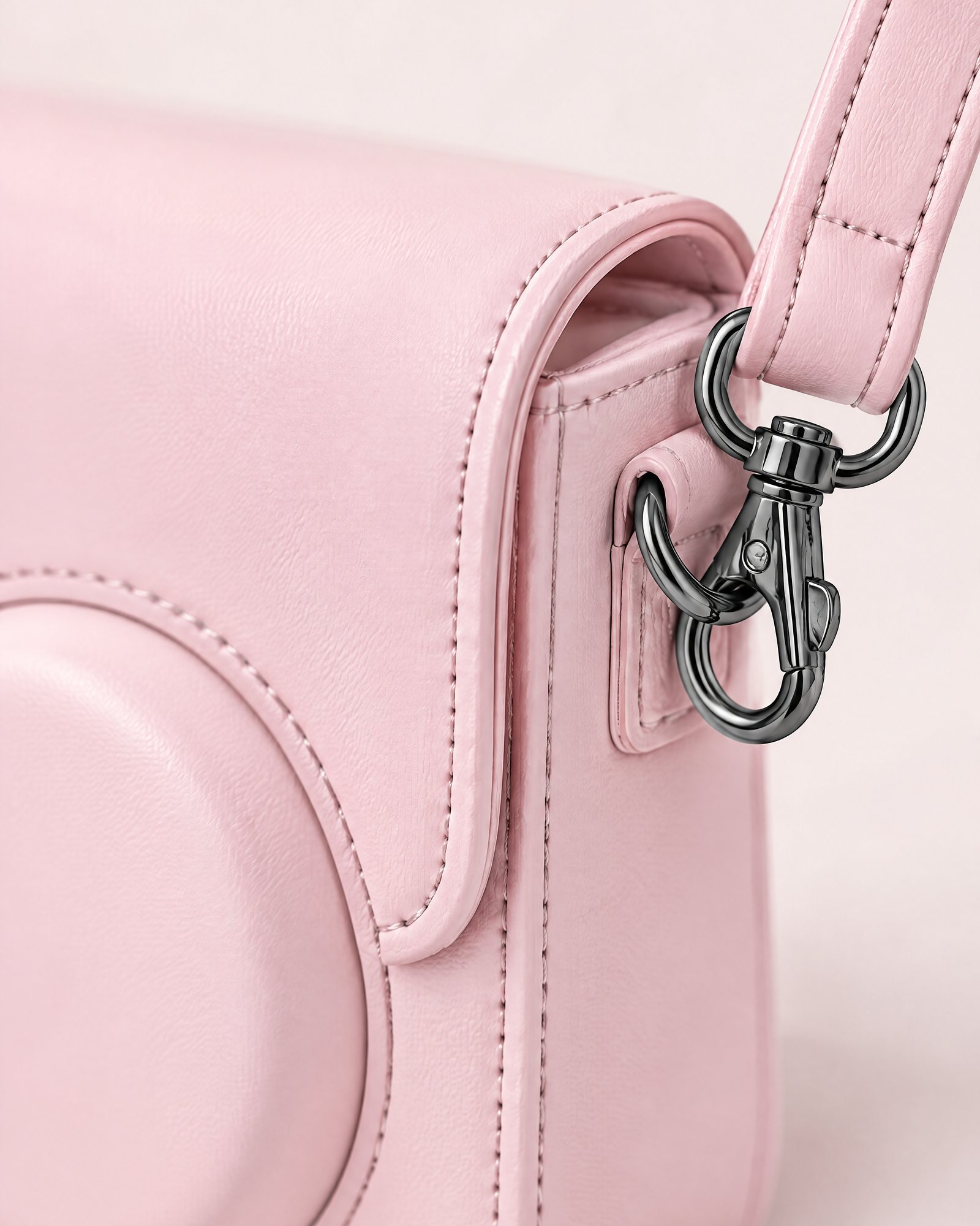 Close-up of the magnetic flap and the strap clip, Camera Case, Blush Pink