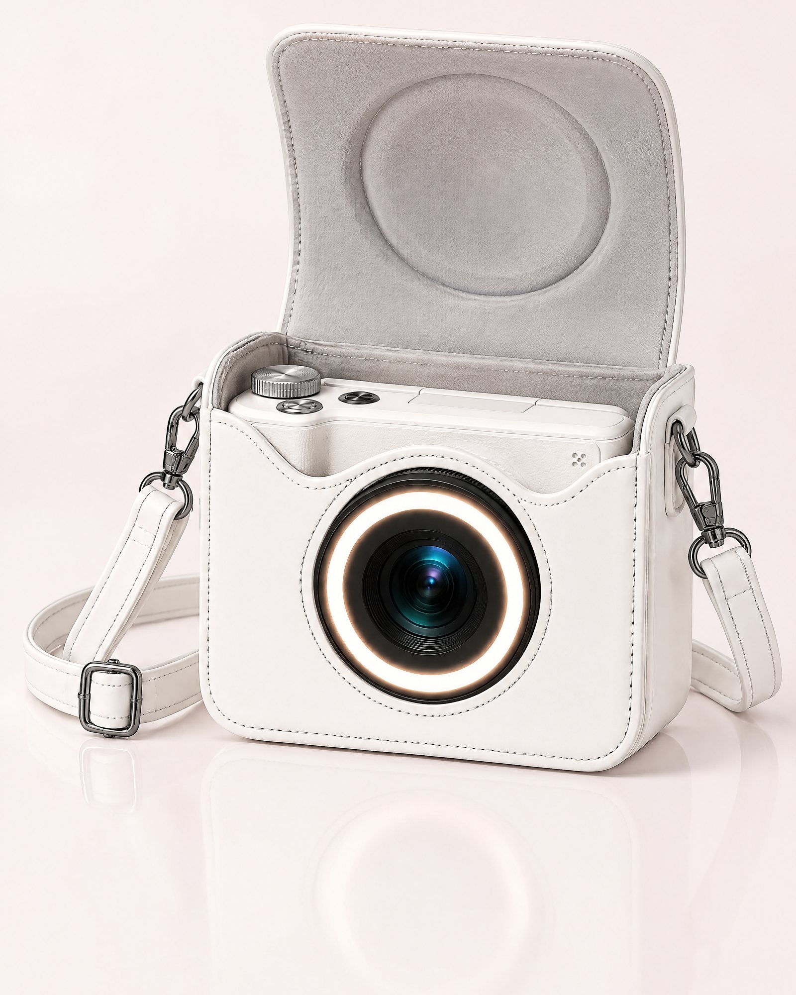 Camera Case, Milk White open, the pearl white camera going in