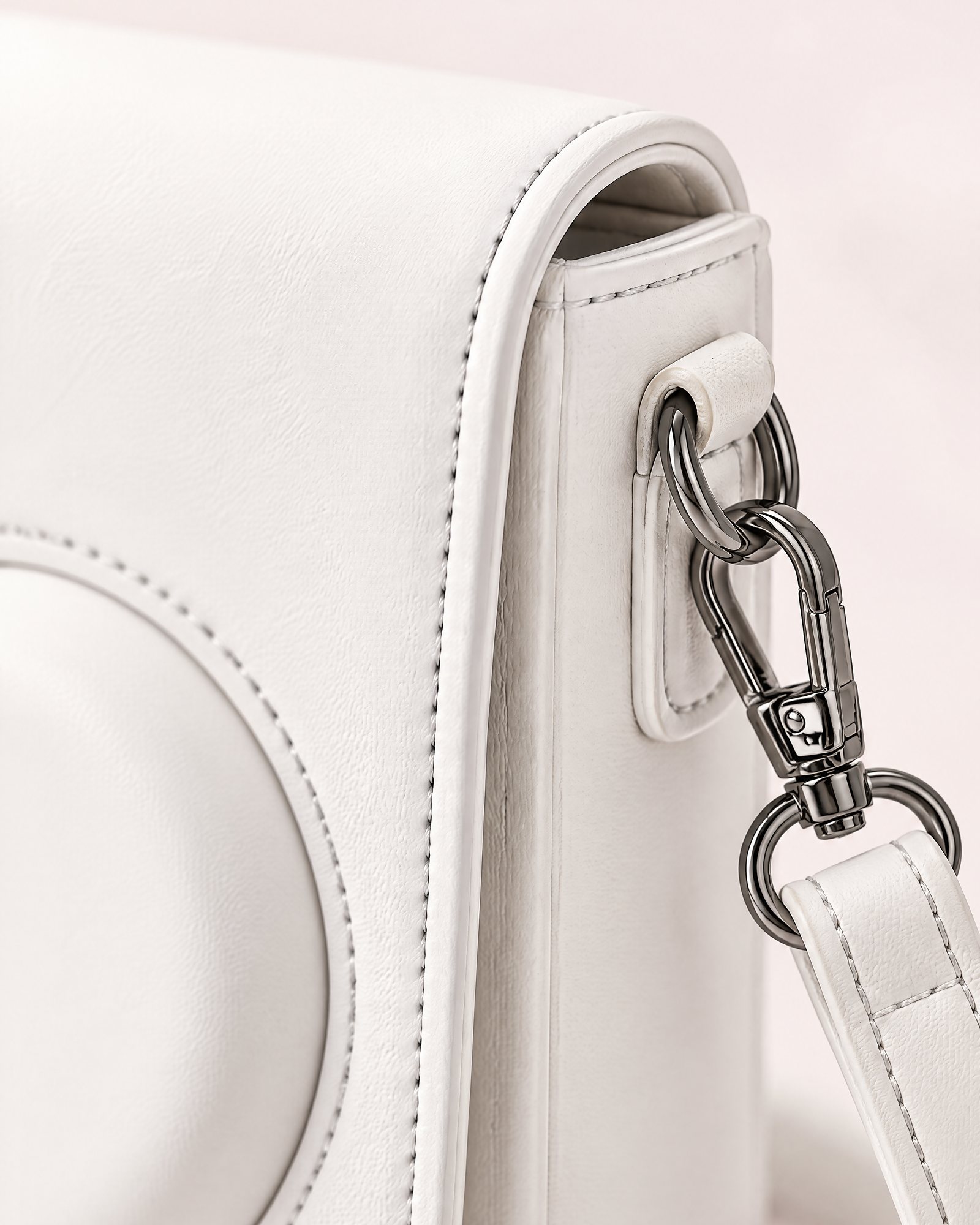 Close-up of the magnetic flap and the strap clip, Camera Case, Milk White