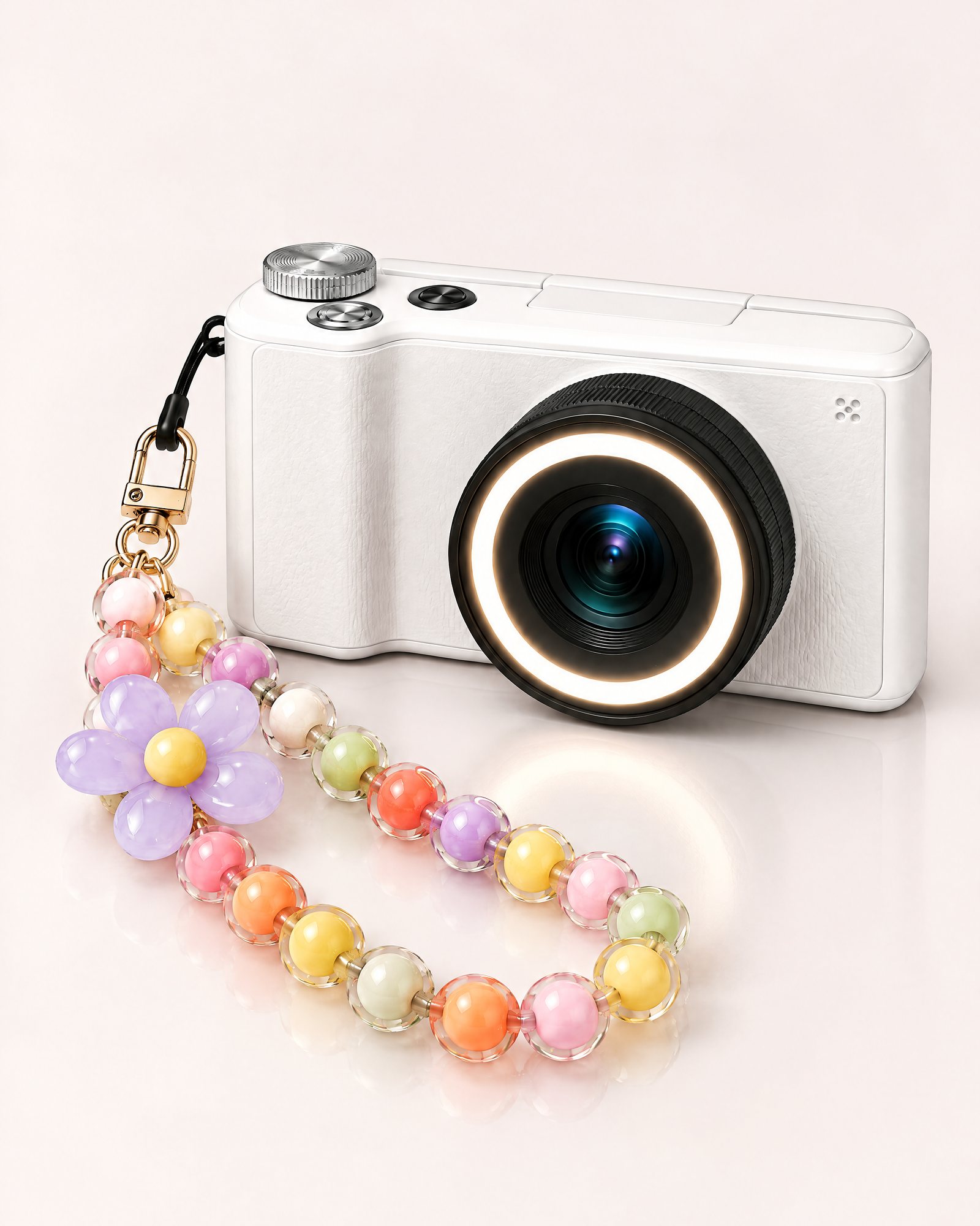 Flower Bead Strap, Lilac attached to the pearl white camera