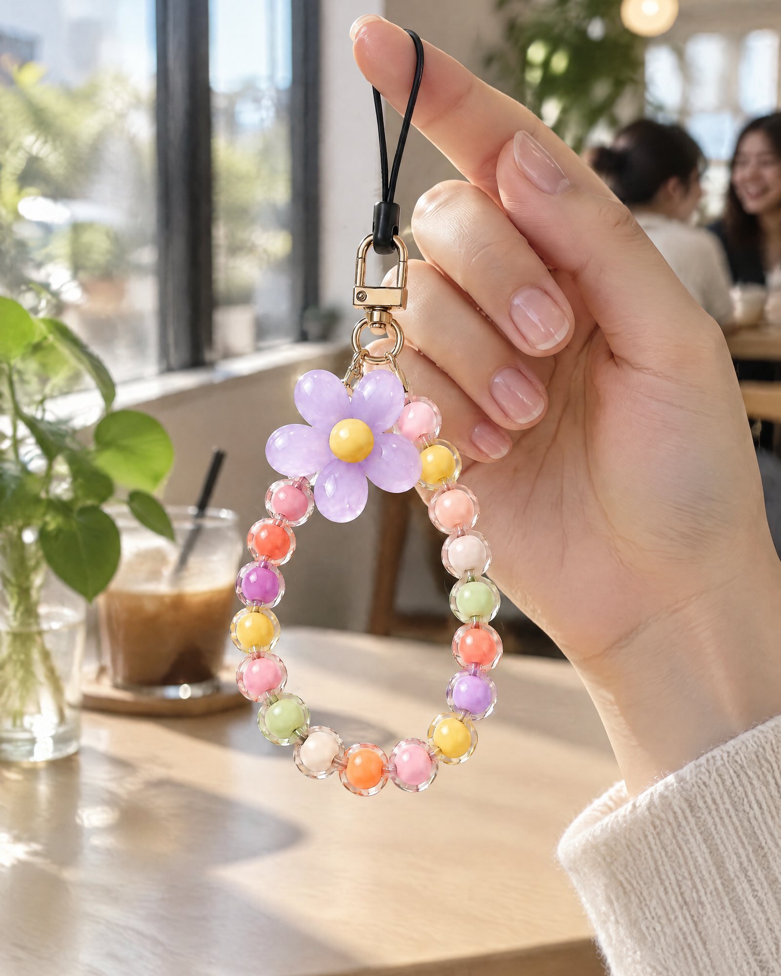 Flower Bead Strap, Lilac held in a hand