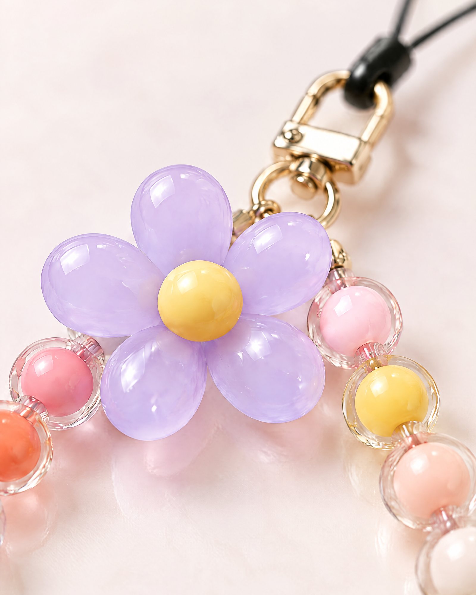 Close-up of the flower charm and the beads, Flower Bead Strap, Lilac
