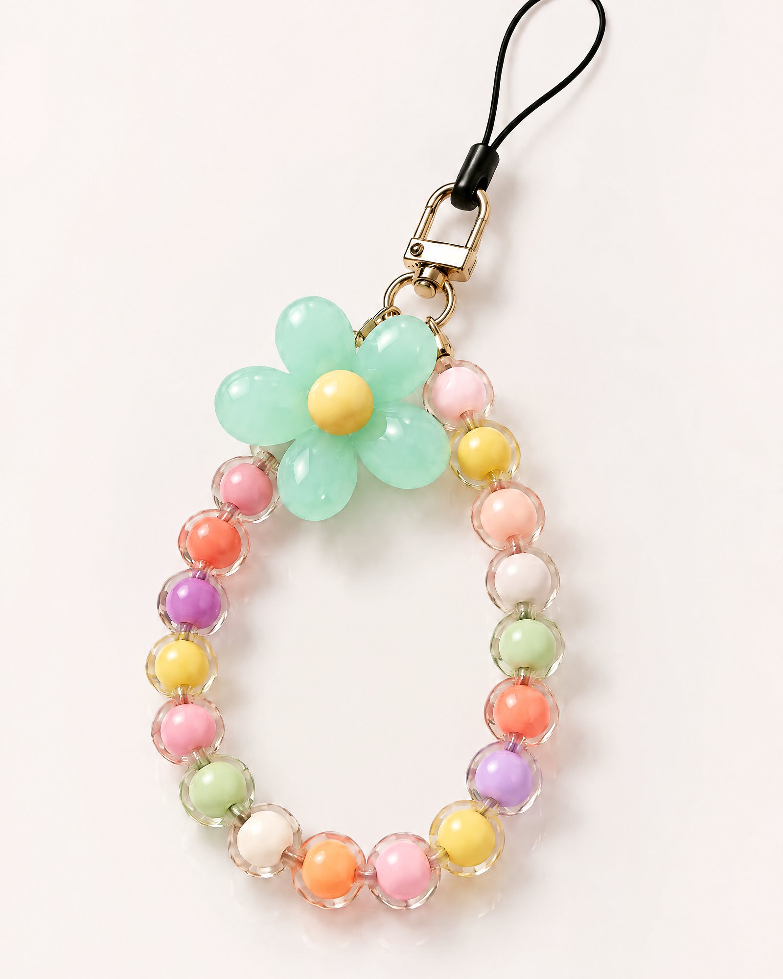 Flower Bead Strap, Mint, laid in a loose loop