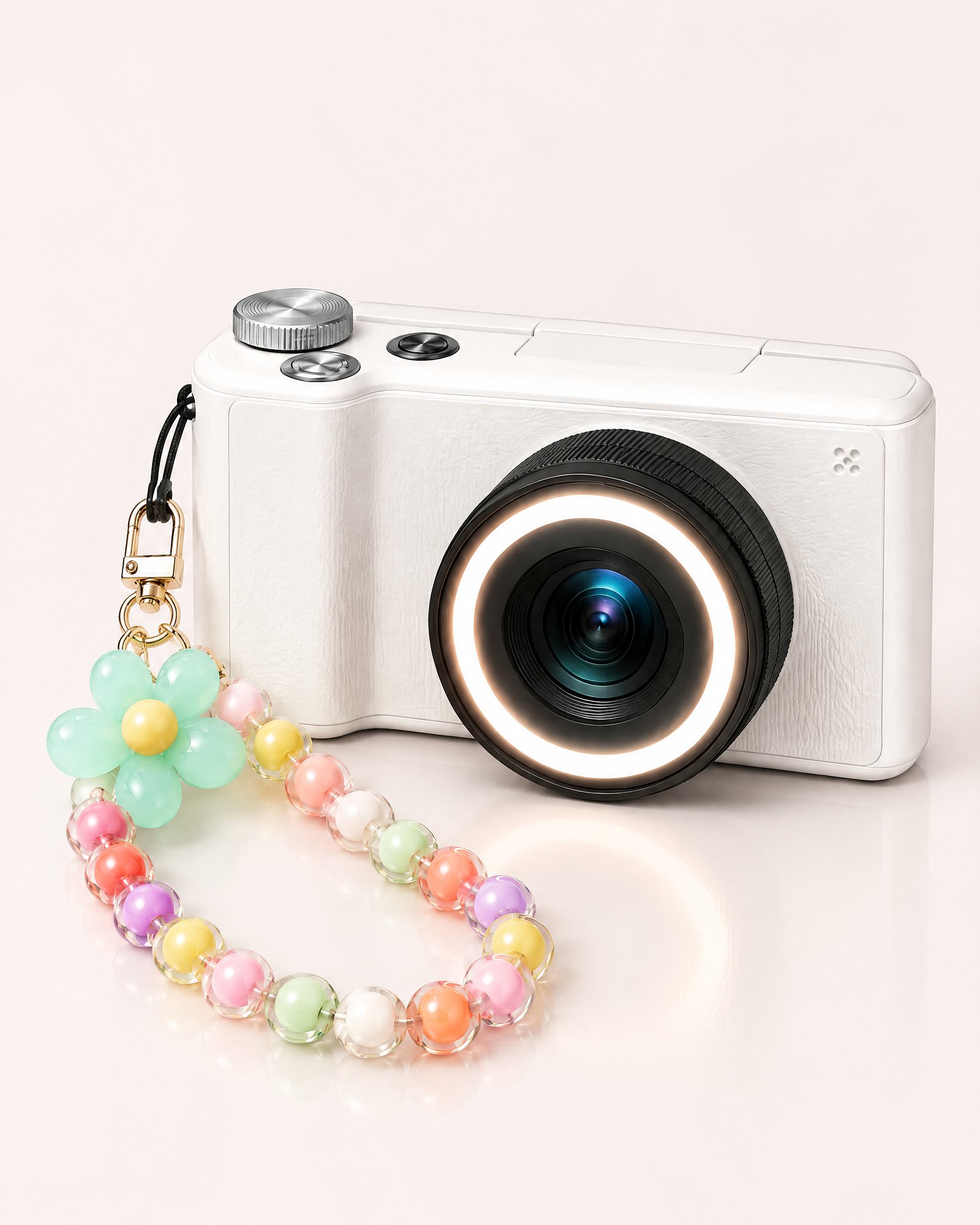 Flower Bead Strap, Mint attached to the pearl white camera