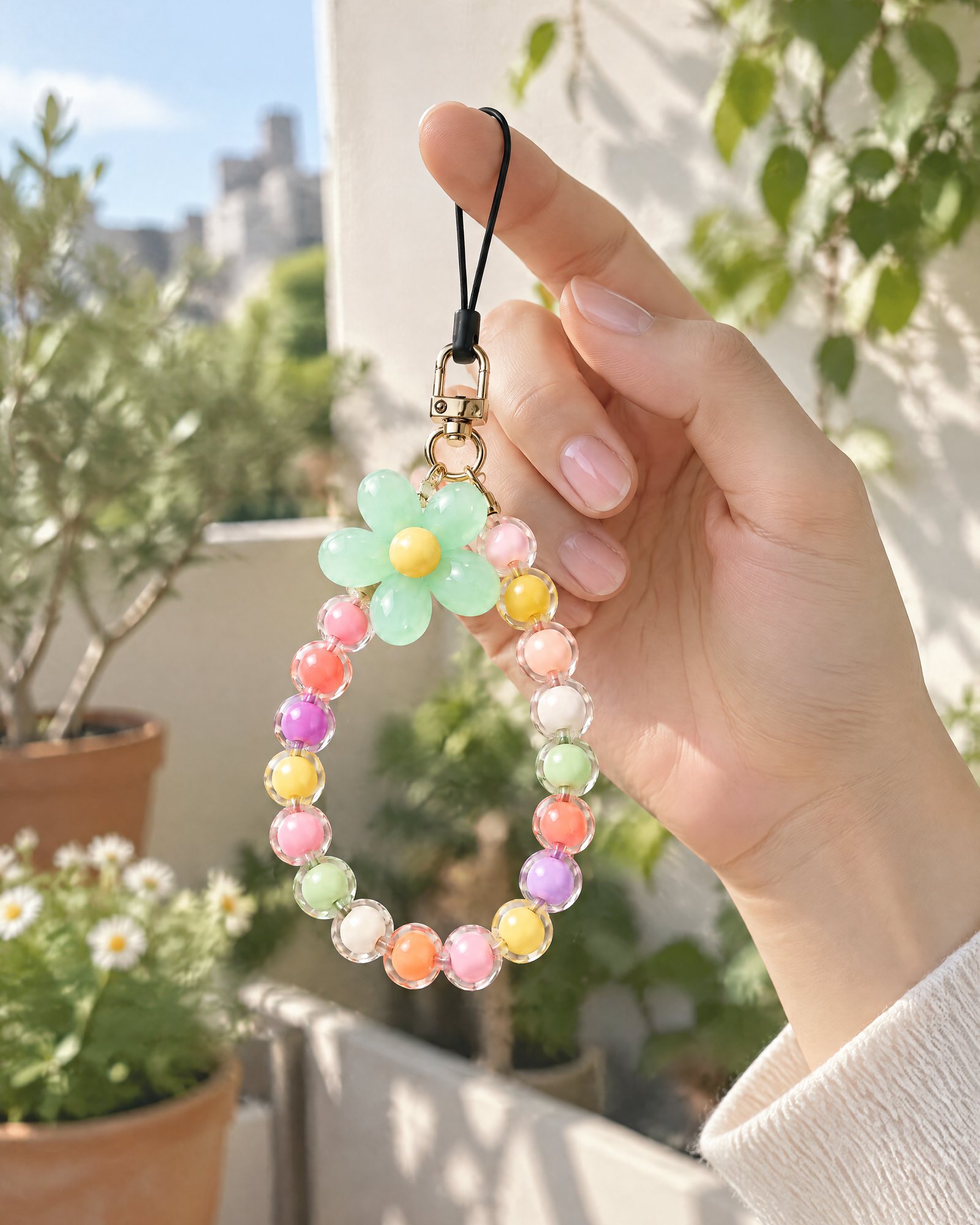 Flower Bead Strap, Mint held in a hand