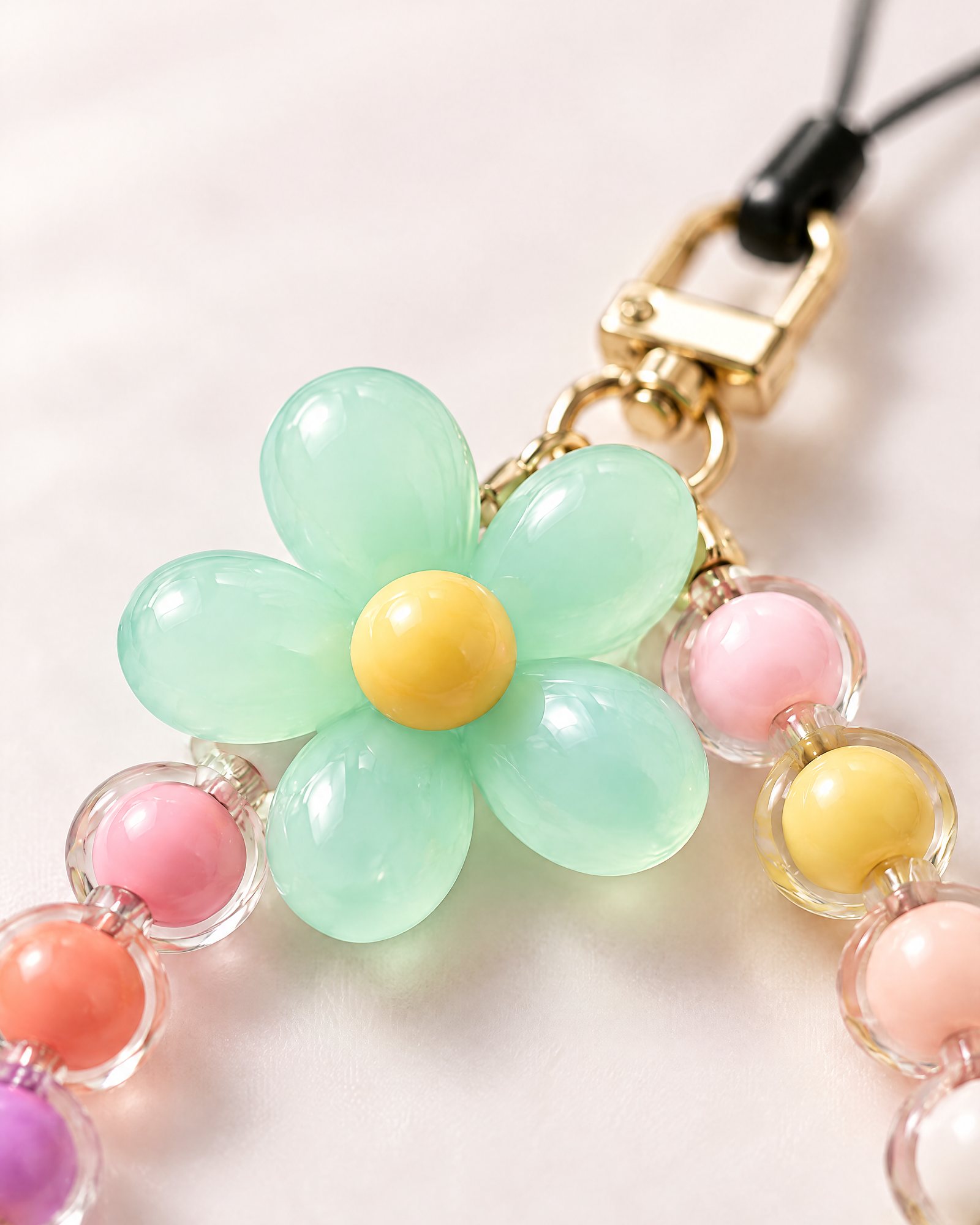Close-up of the flower charm and the beads, Flower Bead Strap, Mint