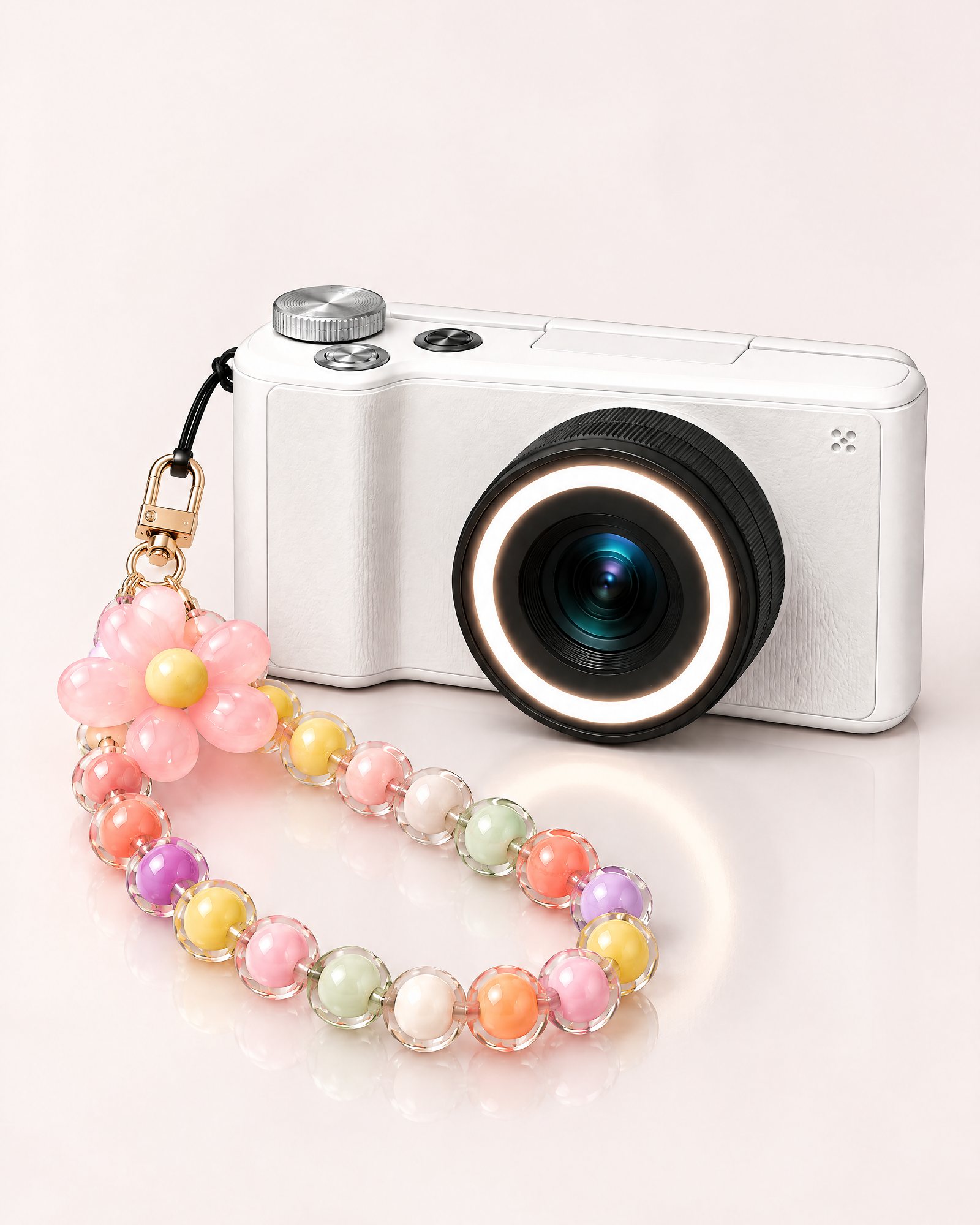 Flower Bead Strap, Pink attached to the pearl white camera