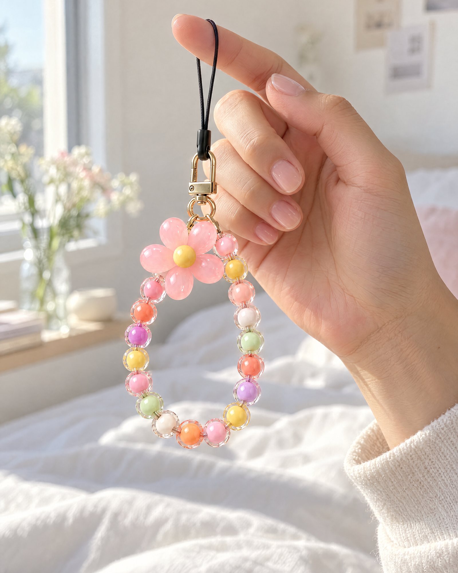 Flower Bead Strap, Pink held in a hand