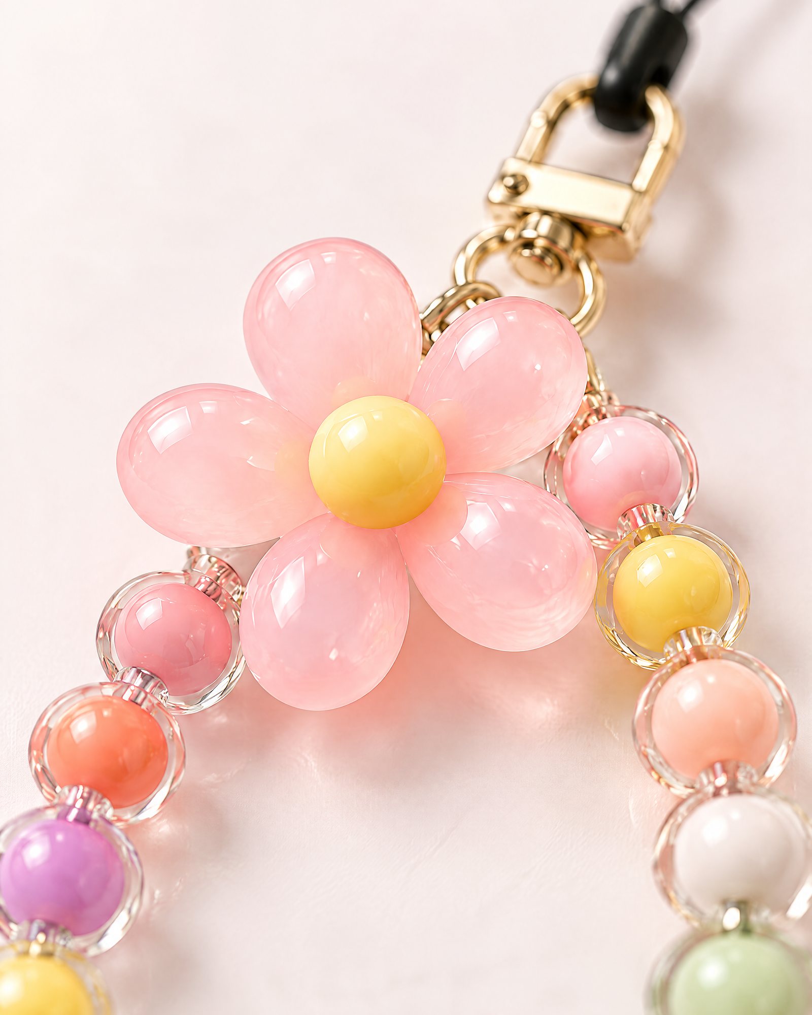 Close-up of the flower charm and the beads, Flower Bead Strap, Pink